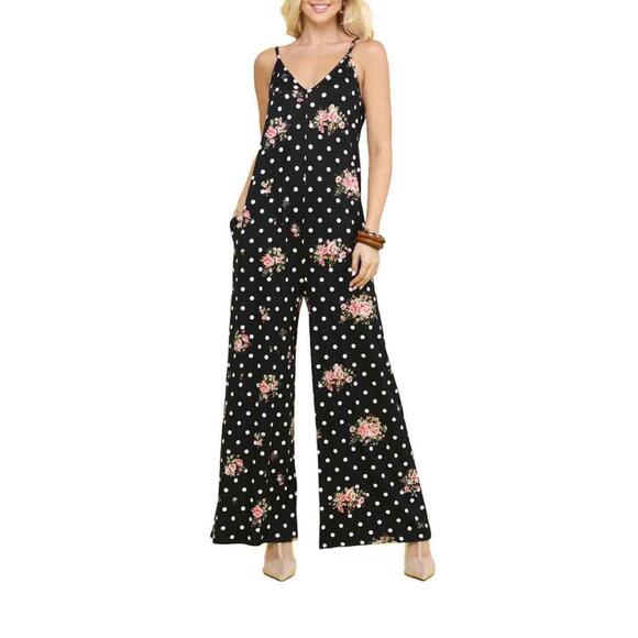 NWT Doublju Womens Black Polka‎ Dots Spaghetti Straps Wide-leg Jumpsuit M - Picture 1 of 9